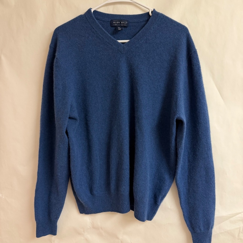 Allen Solly Mens Blue 100% 2 Ply Cashmere V Neck Sweater Size L Preppy Old Money
